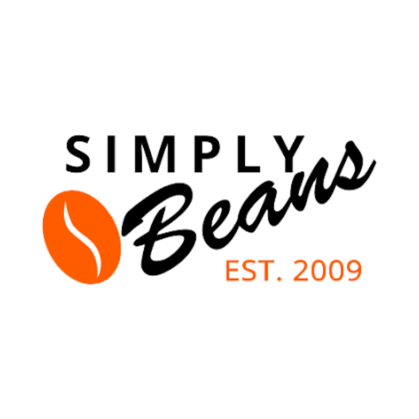 Simply Beans logo established 2009 with orange coffee bean to the right side of logo